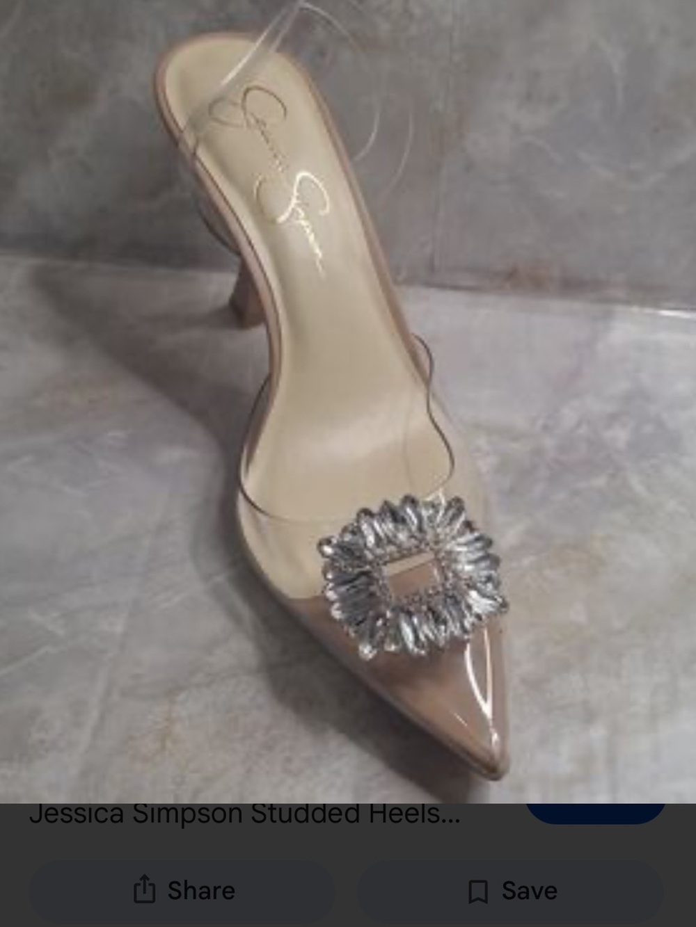 Jessica Simpson Clear Pointed Toe Slingback Heels with Crystal Brooch 8